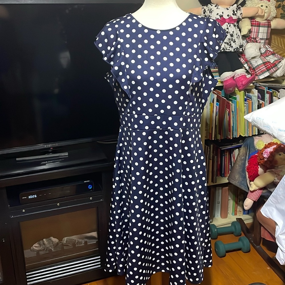 ❤️❤️❤️IHOT BLUE AND WHITE POLKA DOT A -LINE DRESS